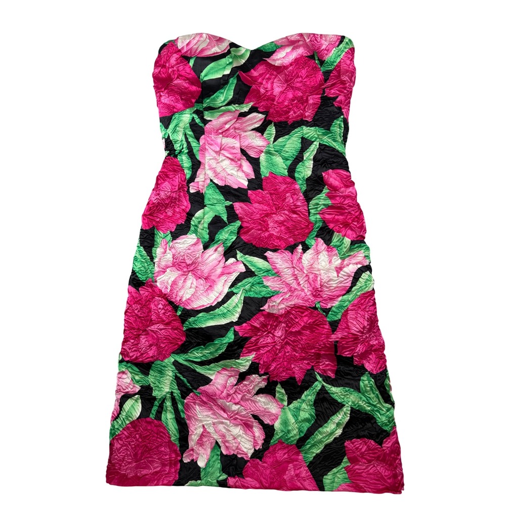 VTG Victor Costa Attributed Crinkle Floral Strapless Cocktail Dress XS Pink